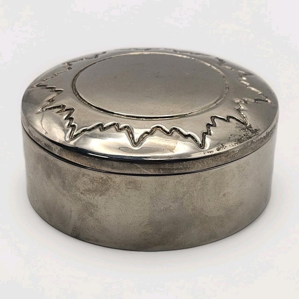 Vintage Silver Plated Sun Design Keepsake Trinket Box Blue Velvet Lining Jewelry